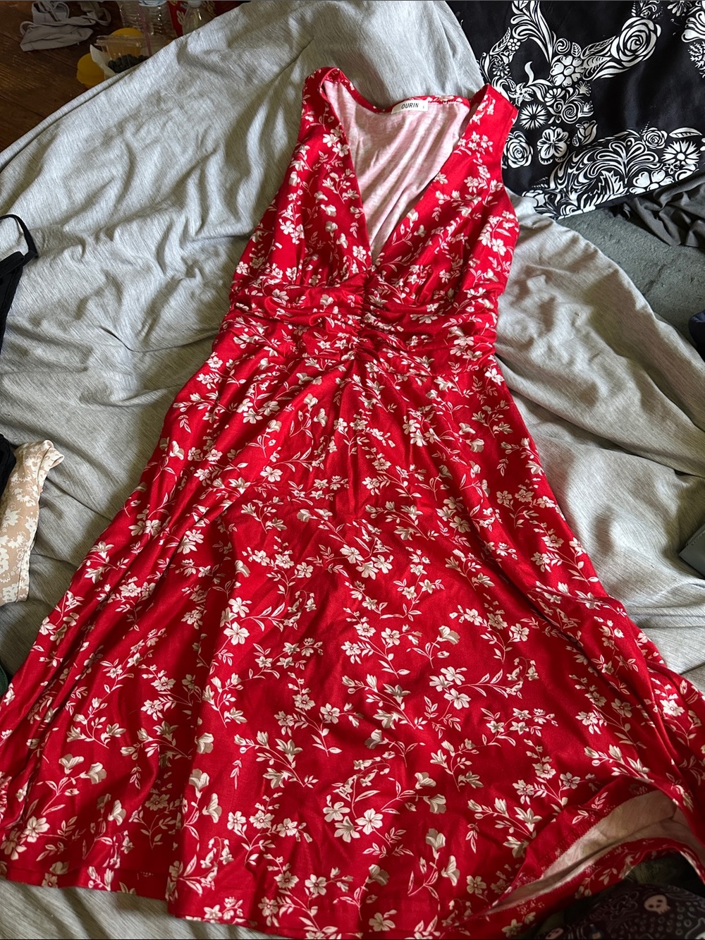 Amazon Red Floral V-Neck Midi Dress